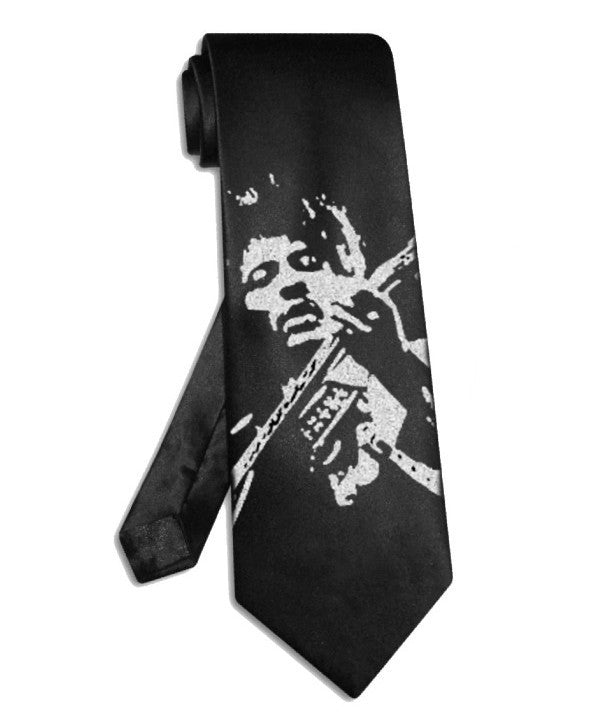 Cravate double guitare Led Zeppelin Jimmy Page, cravate en satin de soie noir peinte à la main