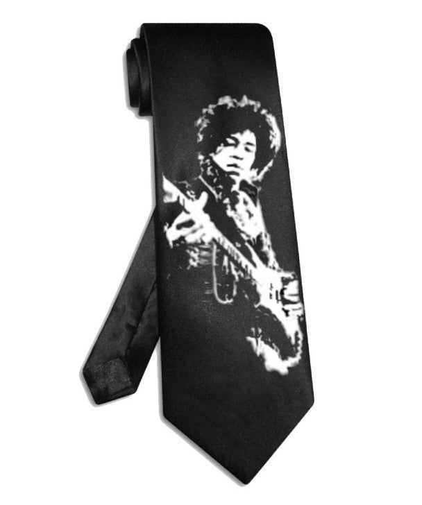 Jimi Hendrix spielt Gitarre Krawatte aus schwarzem Satinseidenstoff