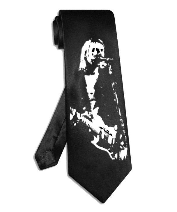 Cravate double guitare Led Zeppelin Jimmy Page, cravate en satin de soie noir peinte à la main