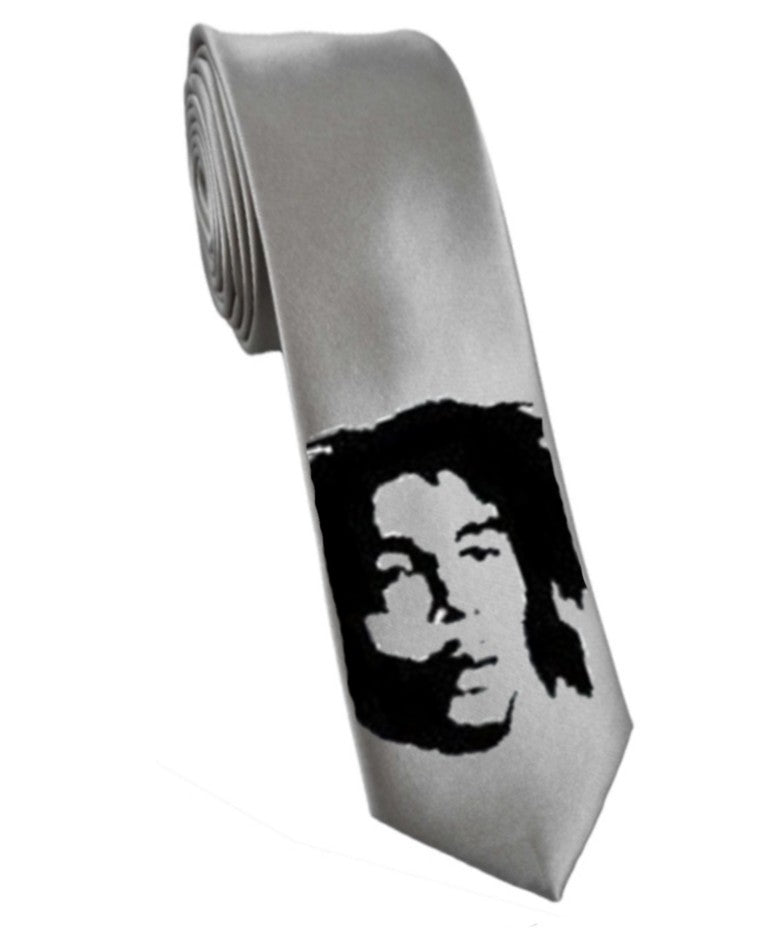 Bob Marley tie 8cm silver satin silk hand-painted necktie