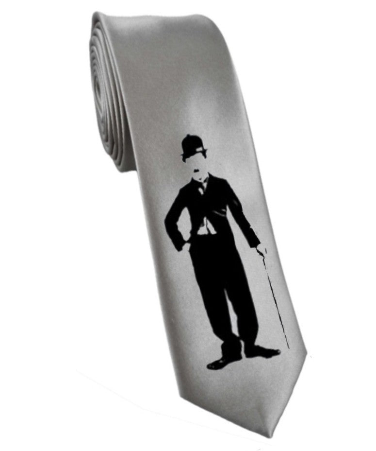 Charlie Chaplin tie 8cm silver satin silk hand-painted necktie