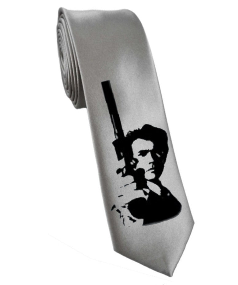 Clint Eastwood Dirty Harry tie 8cm silver satin silk hand-painted necktie