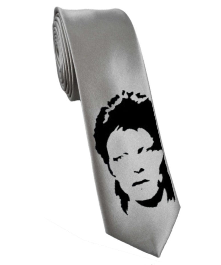 David Bowie tie 8cm silver satin silk hand-painted necktie