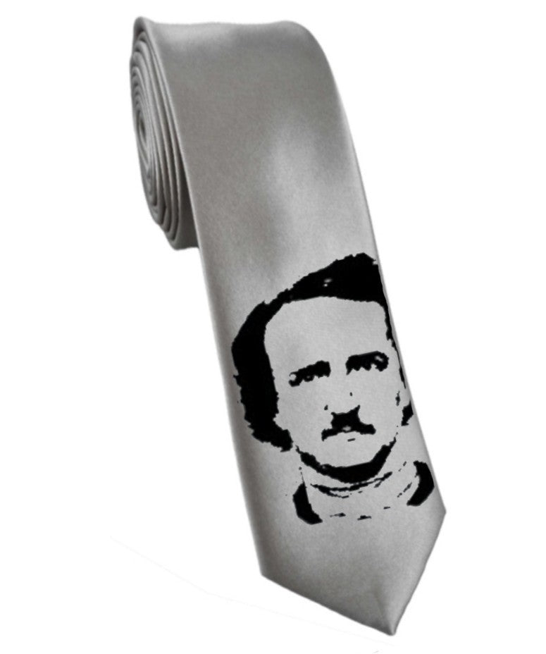 Edgar Allan Poe tie 8cm silver satin silk hand-painted necktie