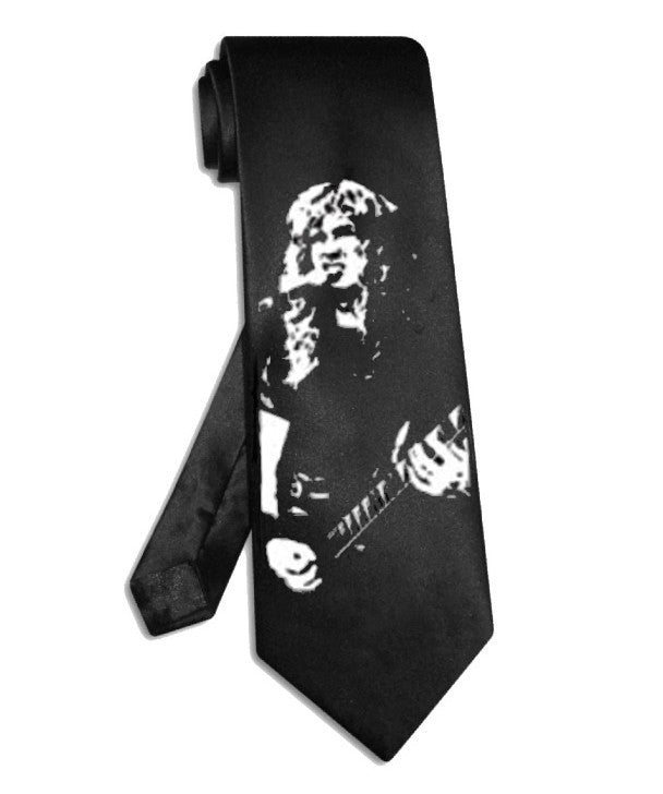 Cravate double guitare Led Zeppelin Jimmy Page, cravate en satin de soie noir peinte à la main