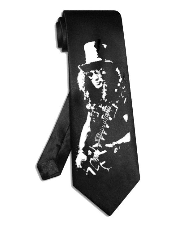 Slash Velvet Revolver Krawatte aus schwarzem Satinseidenstoff, Guns N' Roses Krawatte