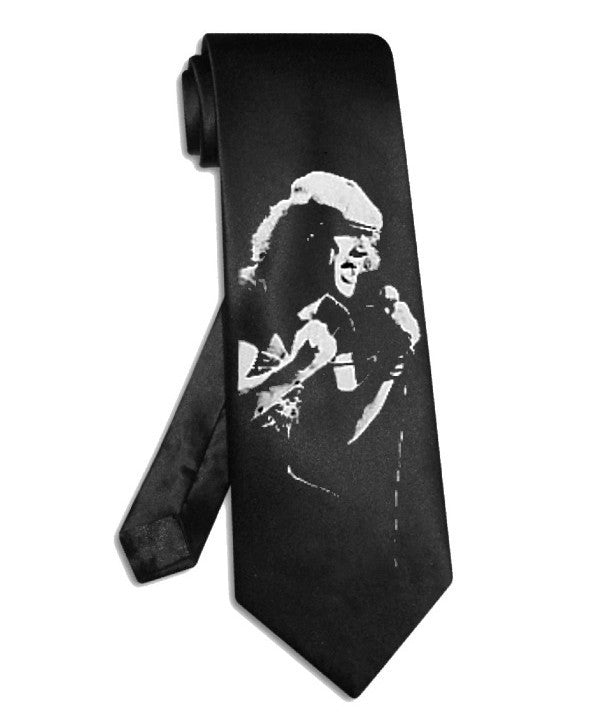 ACDC Brian Johnson tie black satin silk necktie