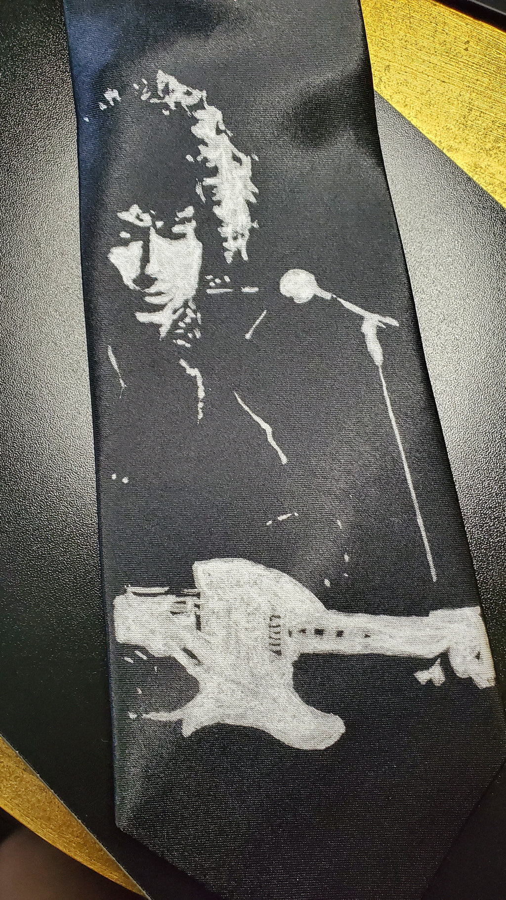 Bob Dylan guitar playing tie black satin silk necktie