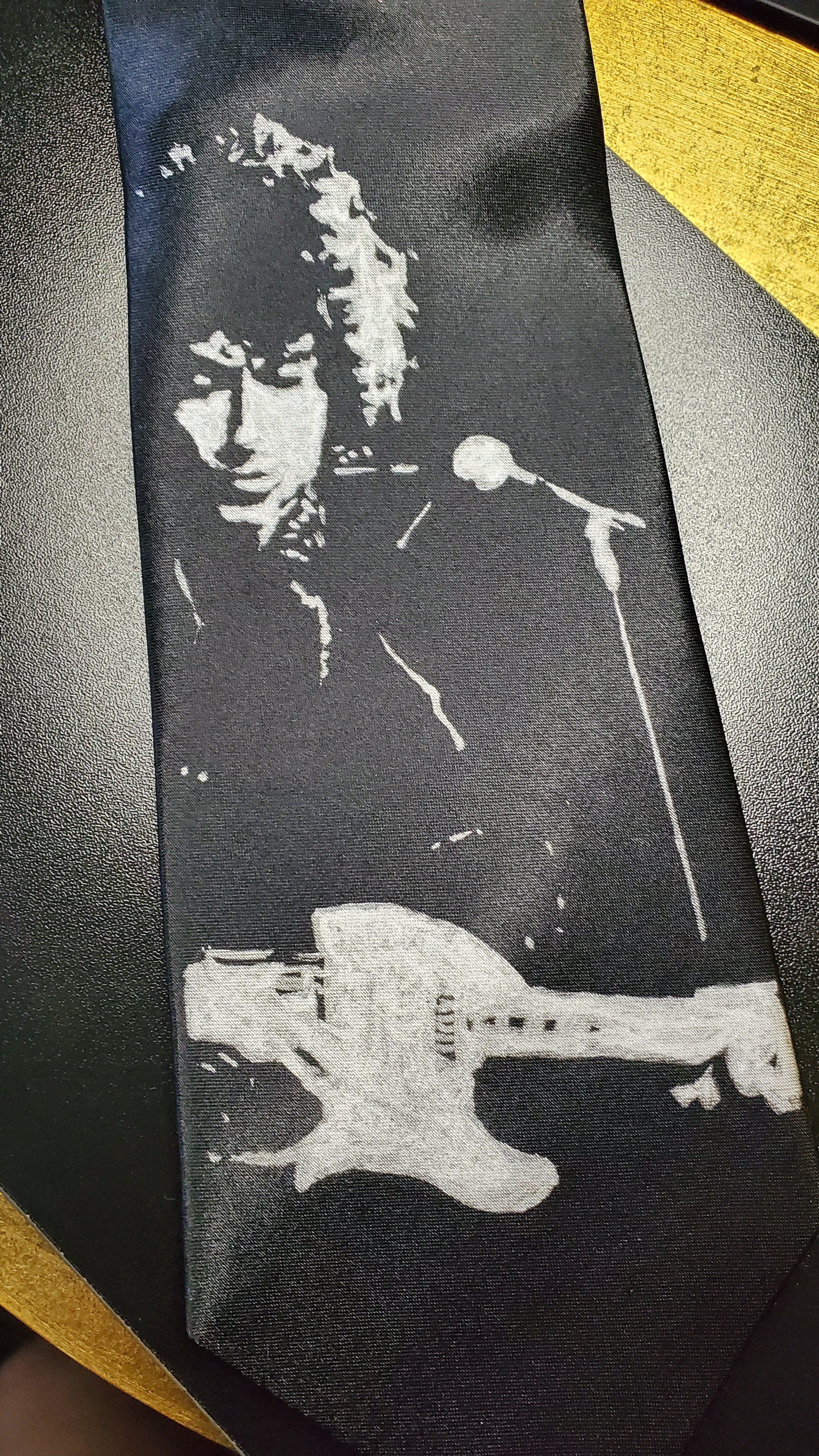 Bob Dylan guitar playing tie black satin silk necktie