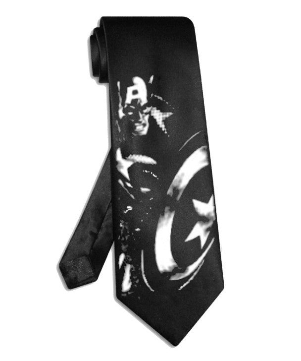 Captain America Krawatte, schwarze Satinseide, Superhelden-Krawatte
