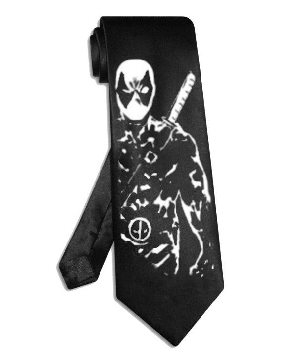 Deadpool-Krawatte aus schwarzem Satinseidenstoff, Avenger-Superhelden-Krawatte