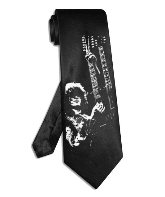 Led Zeppelin Jimmy Page double guitar tie hand-painted black satin silk necktie