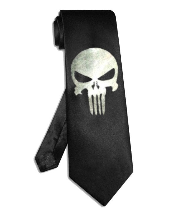 Schwarze Satinseidenkrawatte mit Totenkopfmotiv von The Punisher