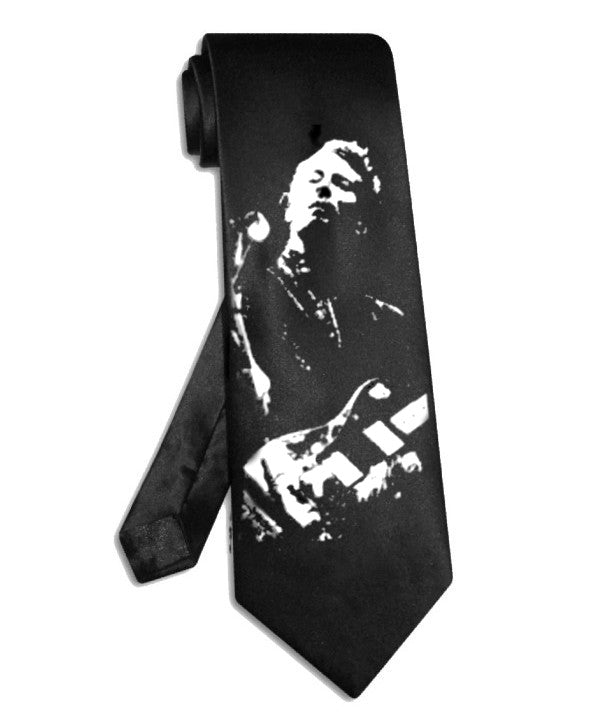 Cravate double guitare Led Zeppelin Jimmy Page, cravate en satin de soie noir peinte à la main