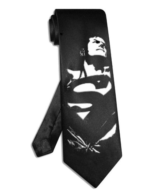 Superman-Krawatte, schwarze Satinseide, Superhelden-Krawatte