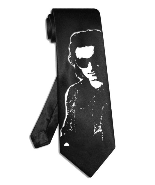 Cravate double guitare Led Zeppelin Jimmy Page, cravate en satin de soie noir peinte à la main